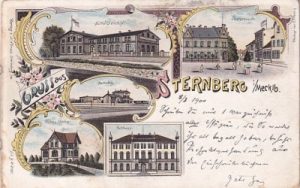 19406 Sternberg in Mecklenburg, u.a. Bahnhof, Farblitho, ca. 1900
