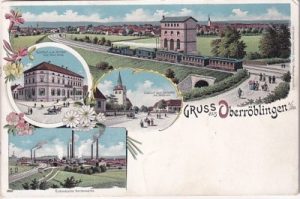 06526 Oberröblingen (Sangerhausen), u.a. Bahnhof, Farblitho, ca. 1900