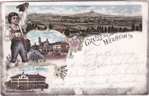 82362 Weilheim in Oberbayern, u.a. Realschule, Farblitho, ca. 1895