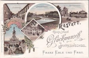 76437 Rastatt in Baden, u.a. Gymnasium, Farblitho, ca. 1900