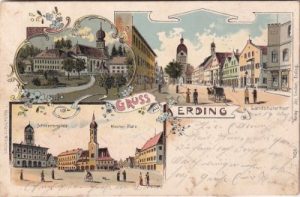 85435 Erding, u.a. Schrannenplatz, Farblitho, ca. 1900